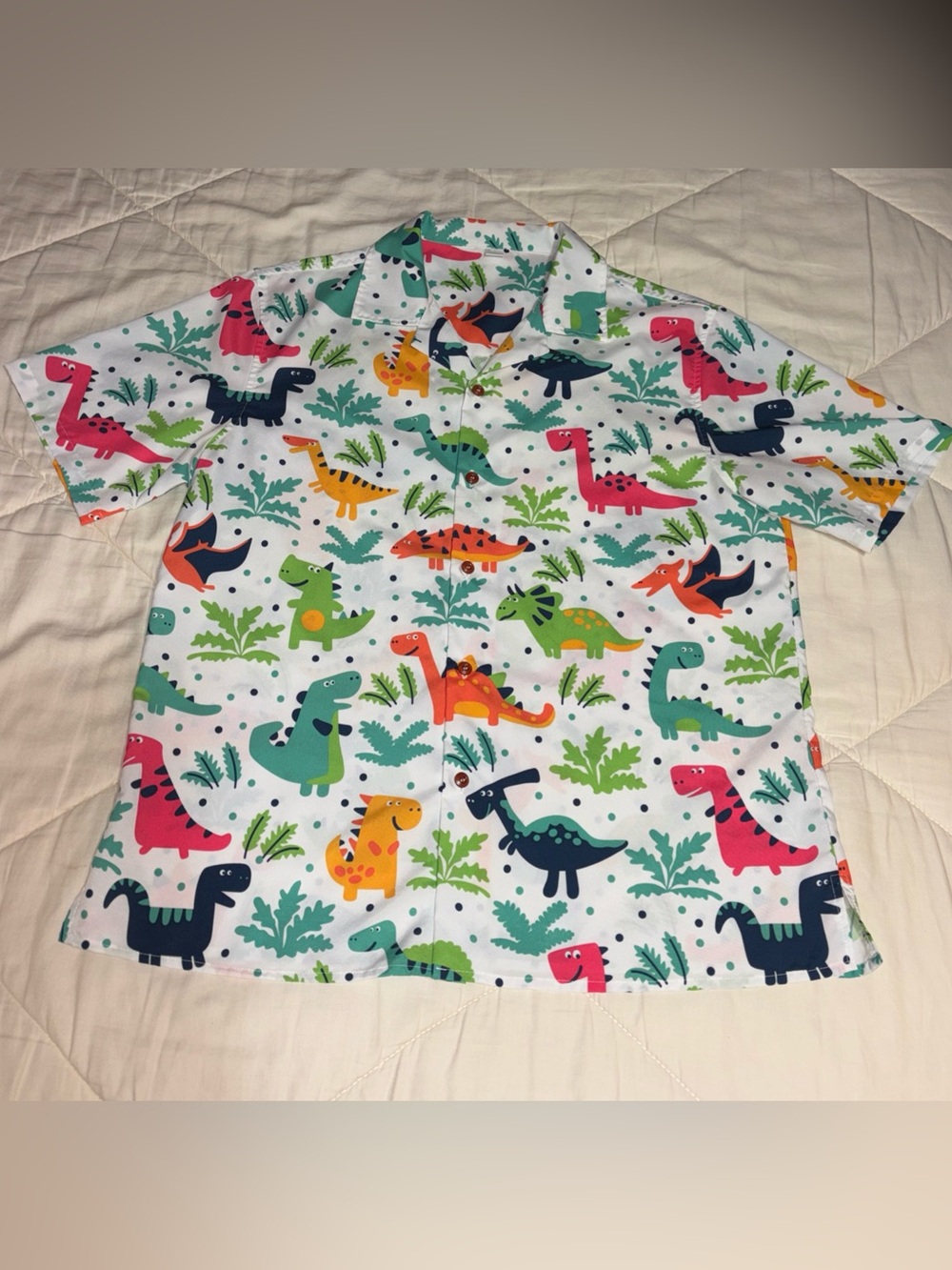 Men’s Casual Camp Shirt Fun Dinosaur Print Button Front Large Like New